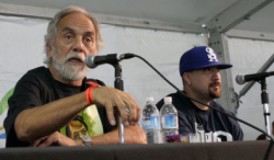 Tommy Chong wearing a 'Free Marc' t-shirt and talking about legalization at Cypress Hill's SmokeOut 2009.
